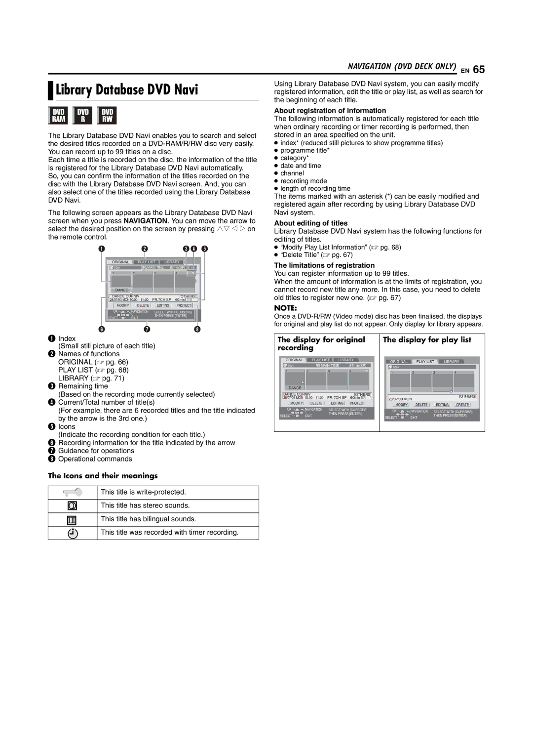 JVC LPT1092-001A Library Database DVD Navi, Display for original Display for play list Recording, Icons and their meanings 