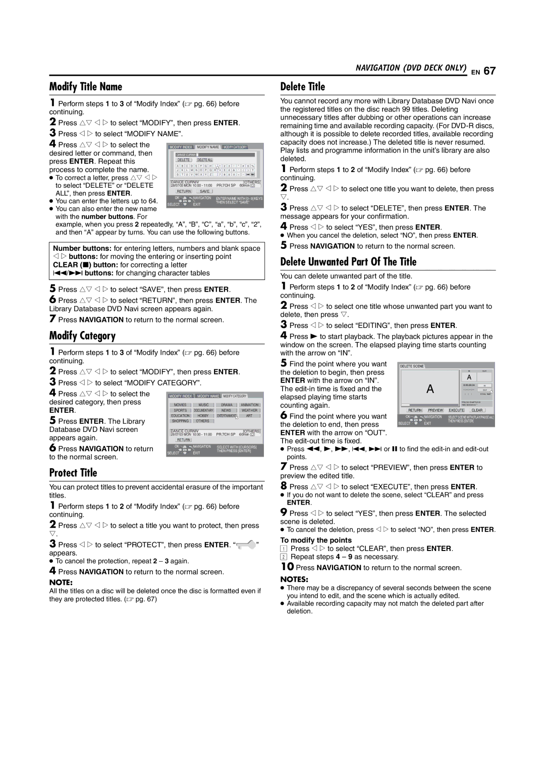 JVC LPT1092-001A manual Modify Title Name, Modify Category, Delete Title, Delete Unwanted Part Of The Title, Protect Title 