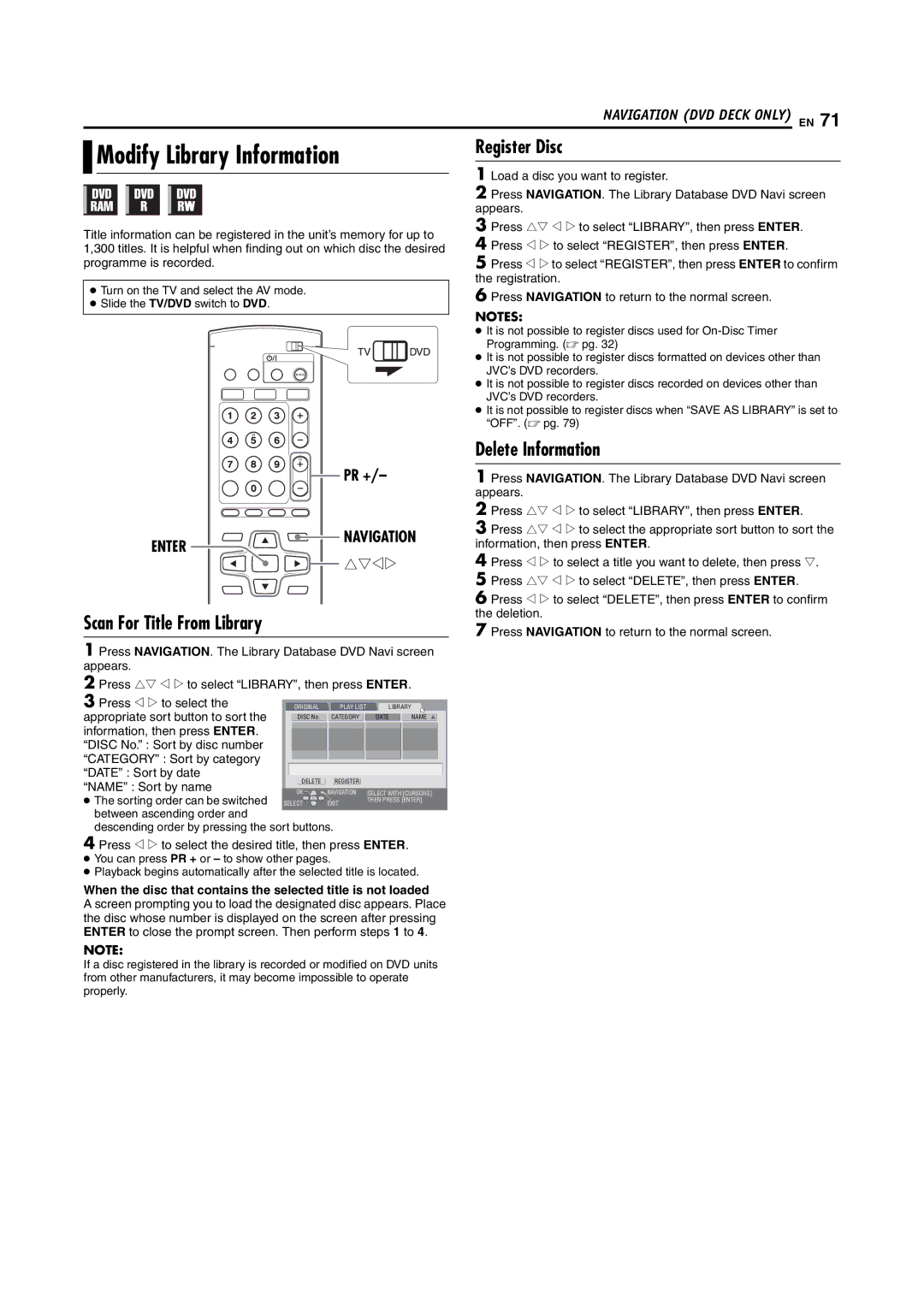 JVC LPT1092-001A manual Modify Library Information, Scan For Title From Library, Register Disc, Delete Information 