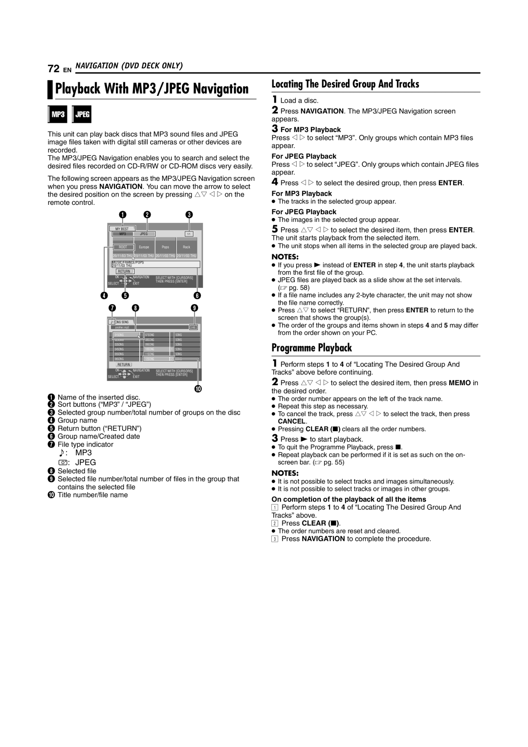 JVC LPT1092-001A manual Locating The Desired Group And Tracks, For MP3 Playback, For Jpeg Playback, Press Clear 