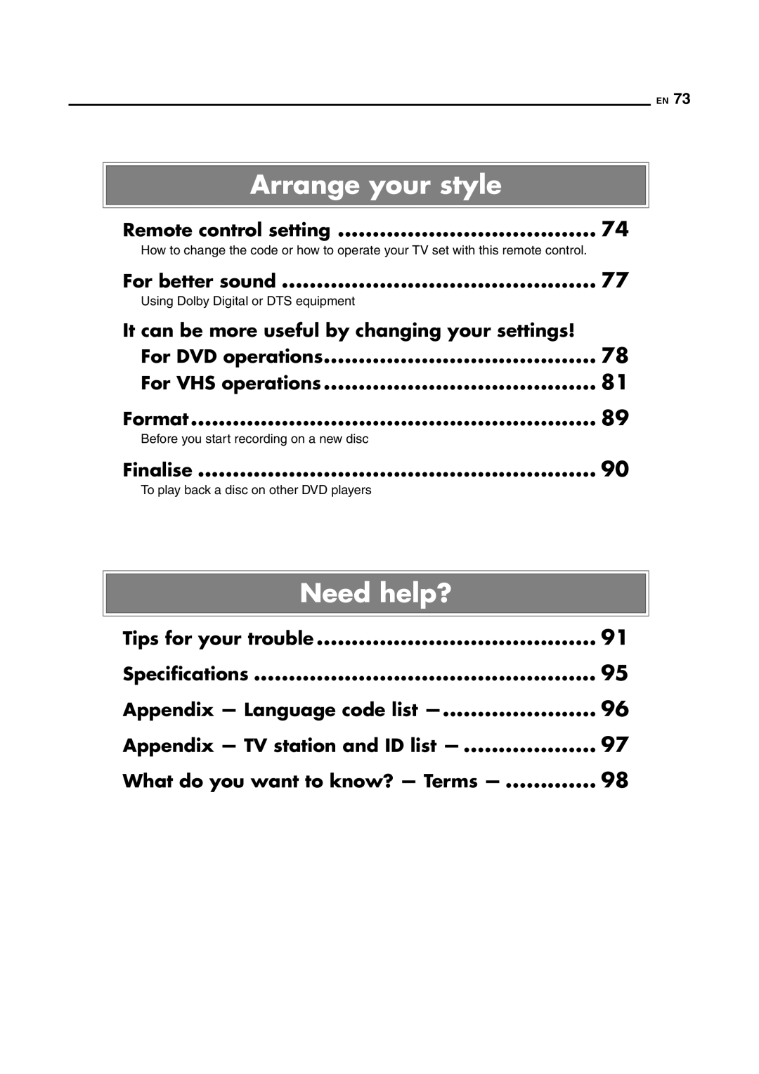 JVC LPT1092-001A manual Remote control setting, For better sound, For DVD operations For VHS operations Format, Finalise 