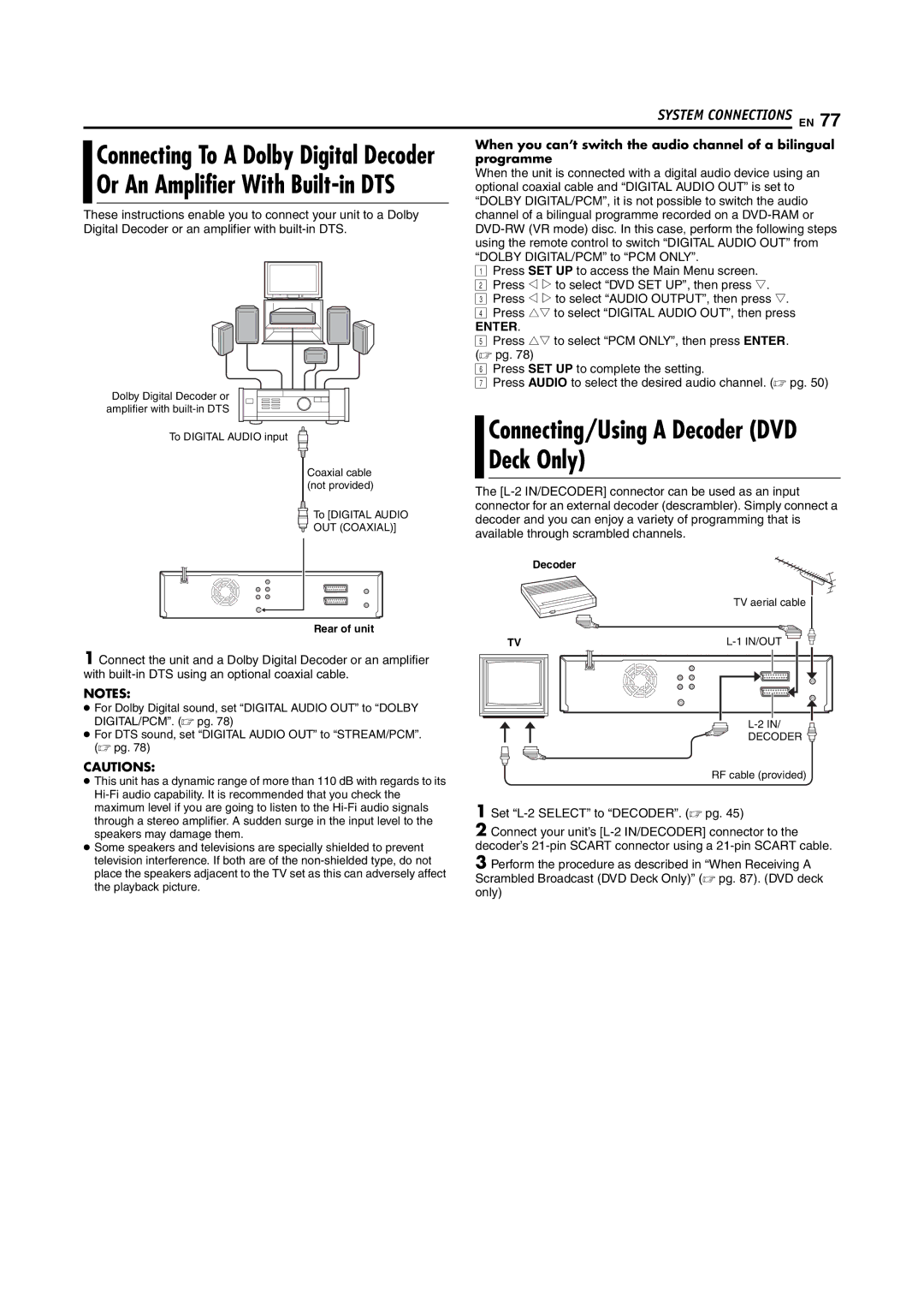 JVC LPT1092-001A manual Connecting/Using a Decoder DVD Deck Only, When you can’t switch the audio channel of a bilingual 