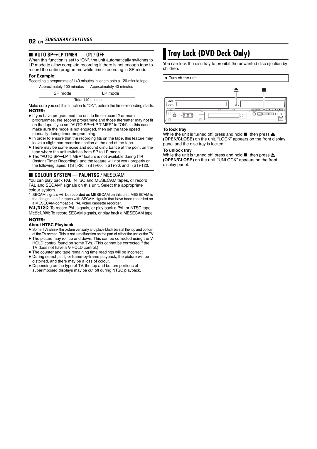 JVC LPT1092-001A manual Tray Lock DVD Deck Only, For Example, To lock tray, To unlock tray, About Ntsc Playback 