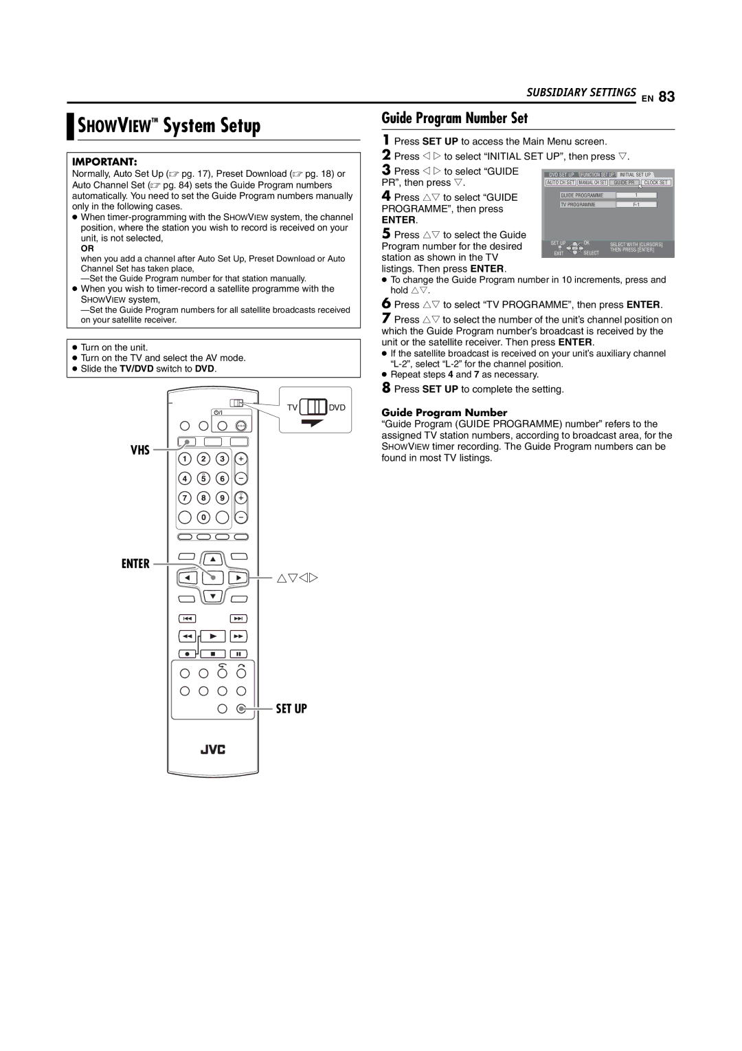 JVC LPT1092-001A manual Showviewtm System Setup, Guide Program Number Set 