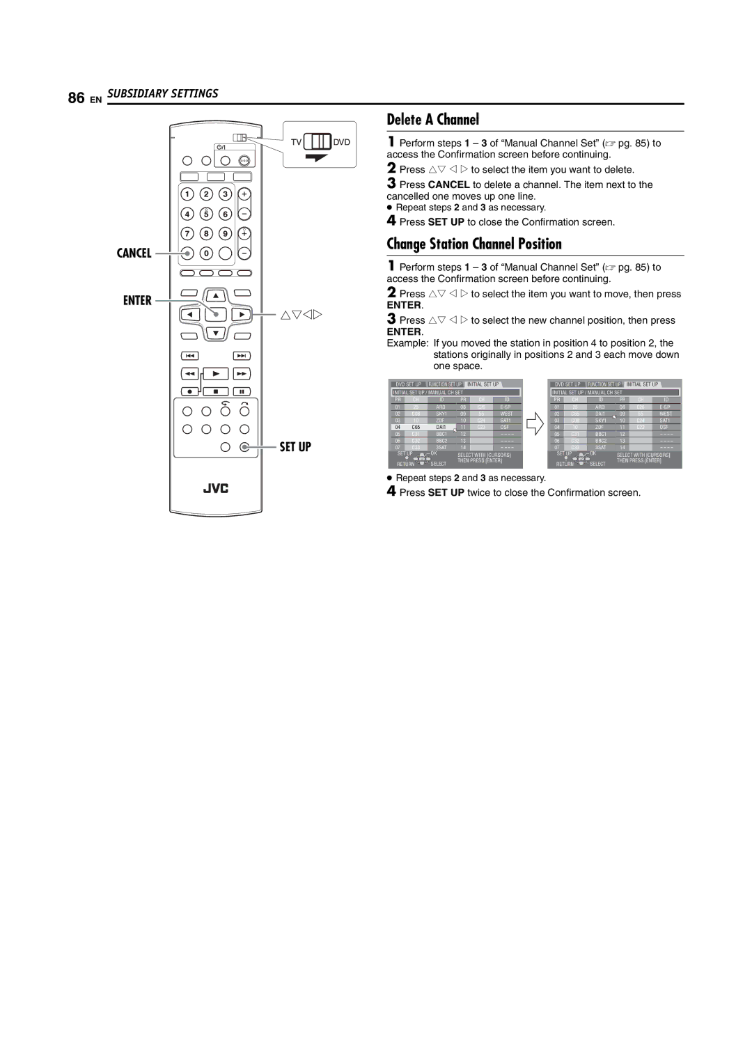 JVC LPT1092-001A Delete a Channel, Change Station Channel Position, Press SET UP twice to close the Confirmation screen 