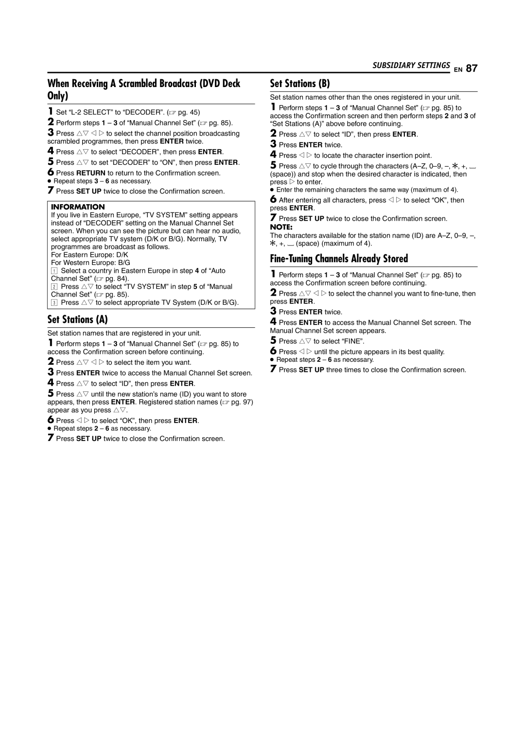 JVC LPT1092-001A manual When Receiving a Scrambled Broadcast DVD Deck Only, Set Stations a, Set Stations B 