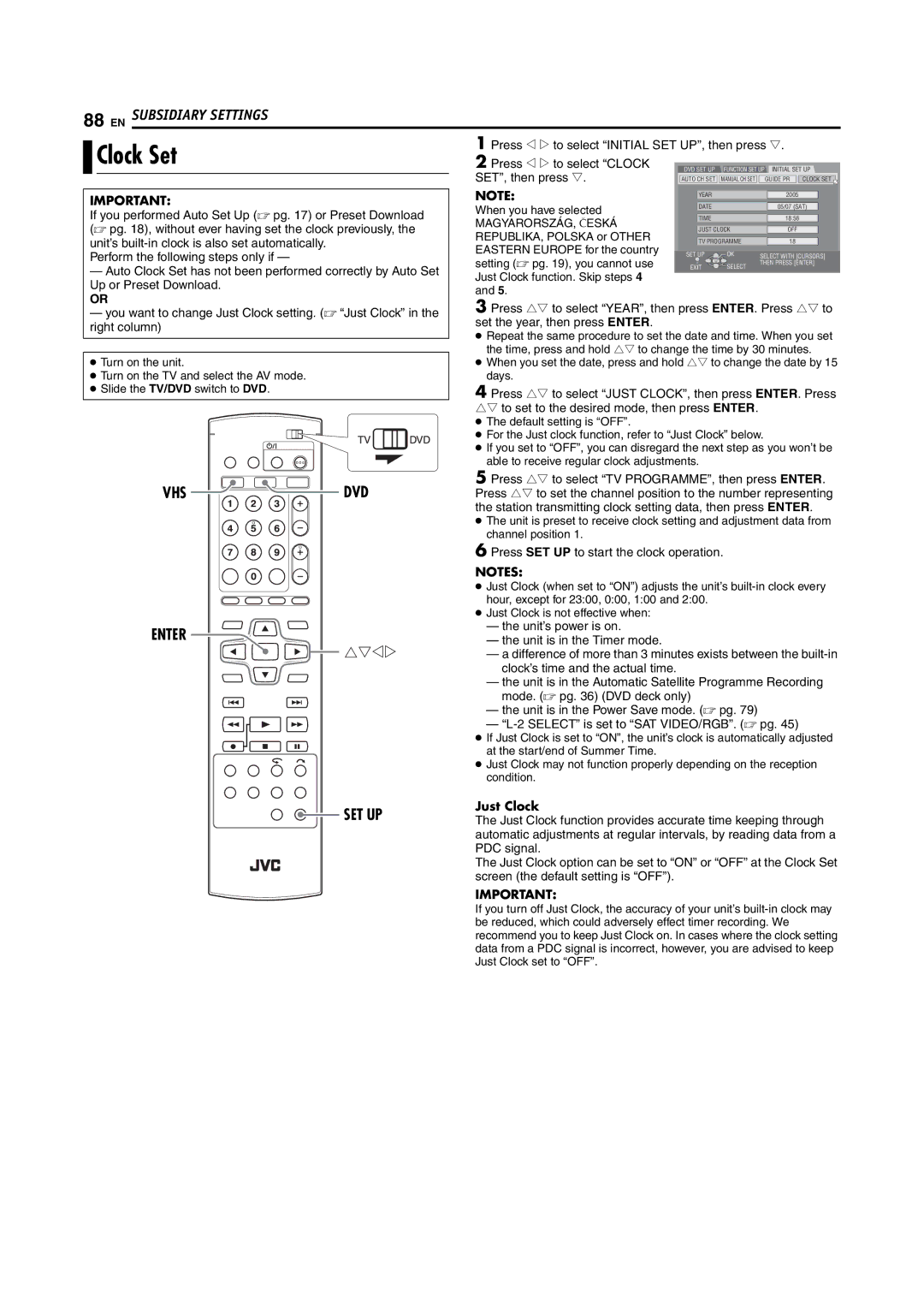 JVC LPT1092-001A manual Clock Set, Just Clock 