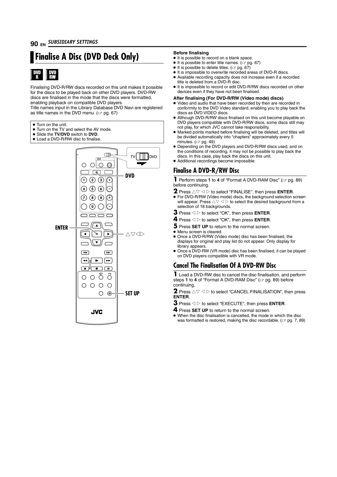 JVC LPT1092-001A manual Finalise a DVD-R/RW Disc, DVD Enter, After finalising For DVD-R/RW Video mode discs 