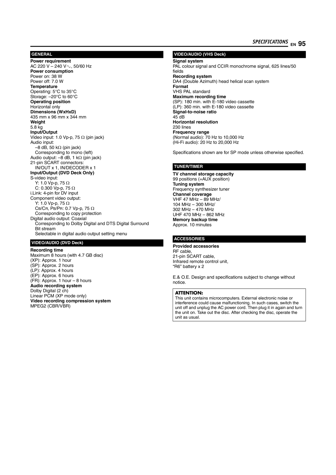 JVC LPT1092-001A Power requirement, Power consumption, Temperature, Operating position, Dimensions WxHxD, Recording time 