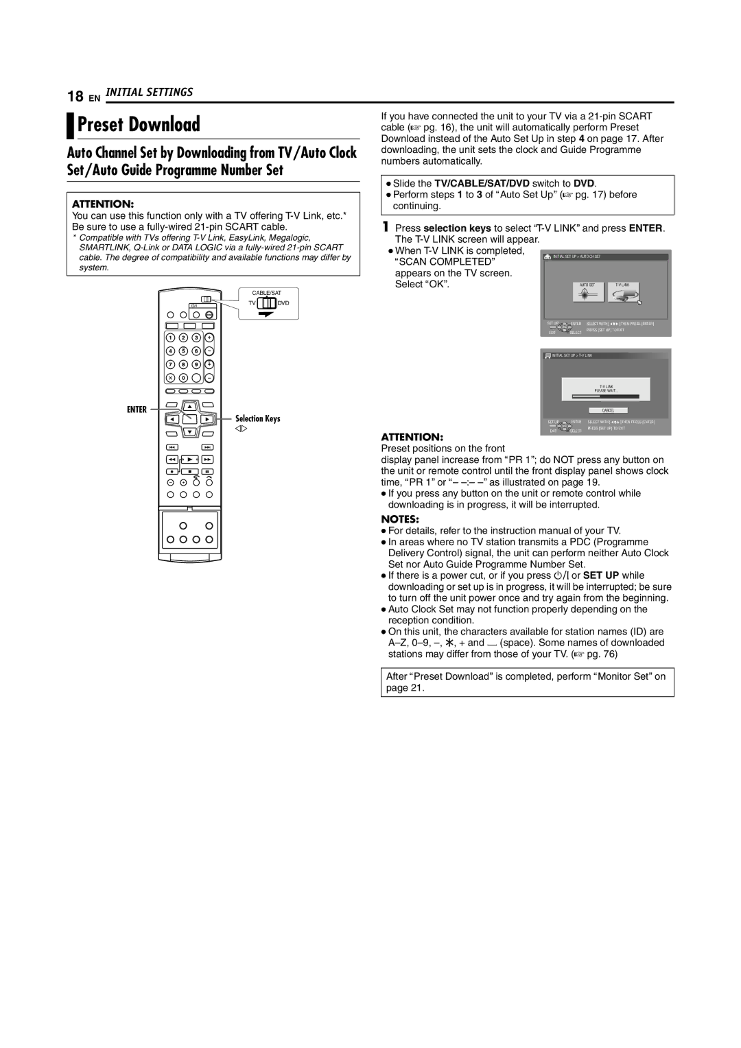 JVC LPT1100-001A Preset Download, Set/Auto Guide Programme Number Set, Auto Channel Set by Downloading from TV/Auto Clock 