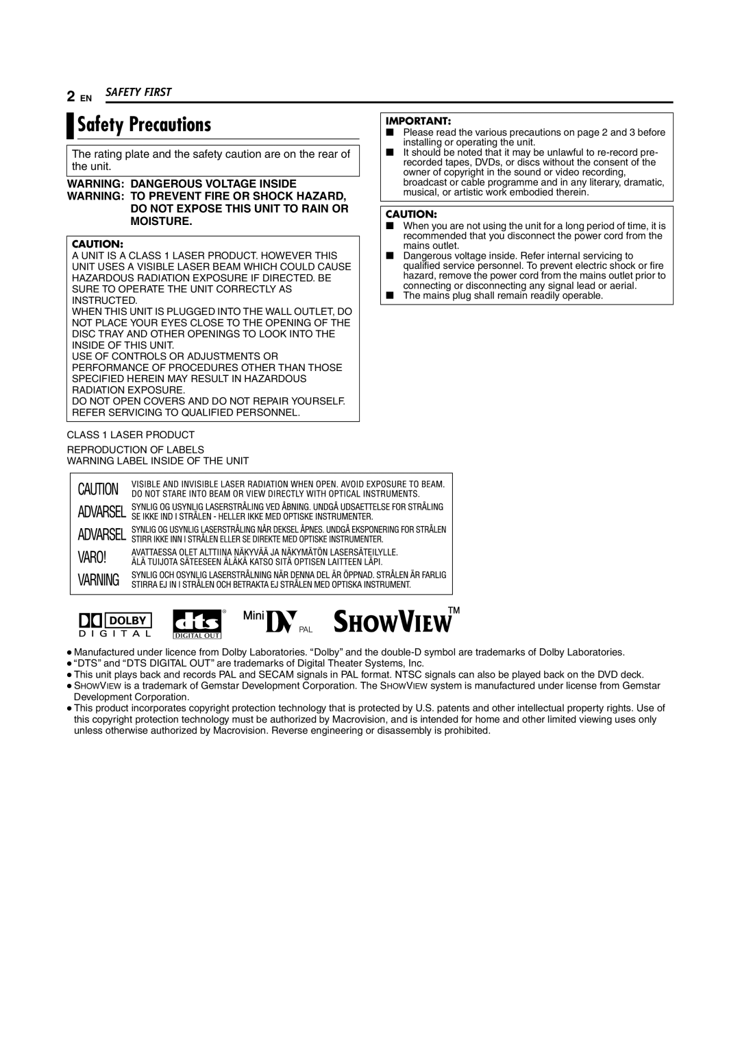 JVC LPT1100-001A manual Safety Precautions 