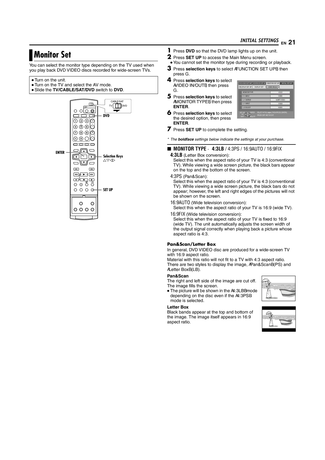 JVC LPT1100-001A manual Monitor Set, Enter, Pan&Scan/Letter Box 