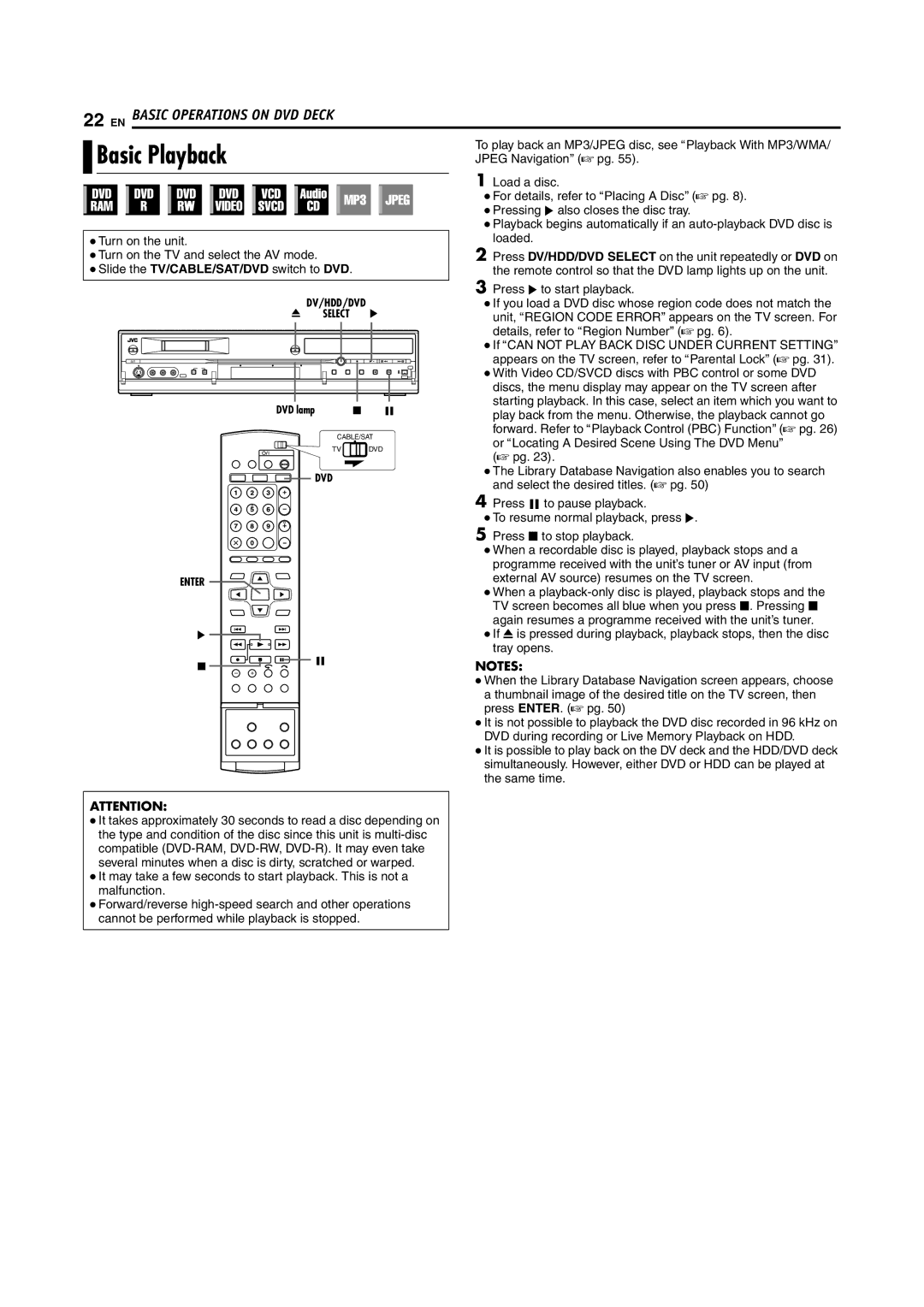 JVC LPT1100-001A manual Basic Playback, Wnotes 