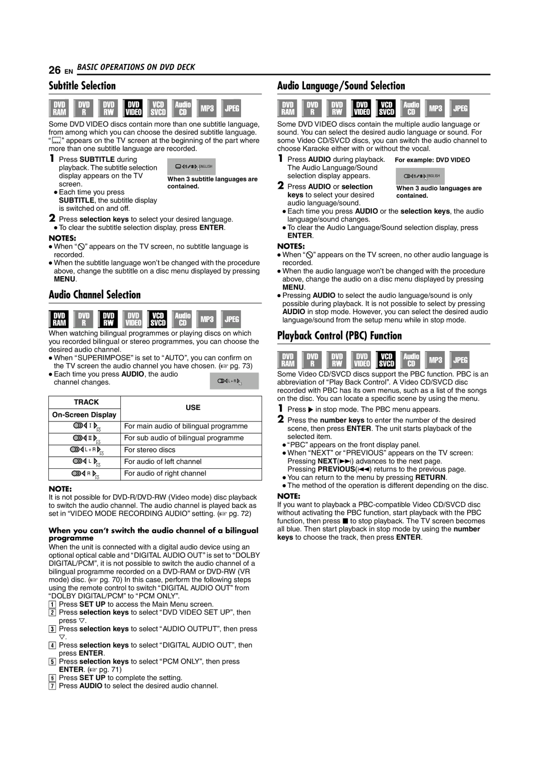 JVC LPT1100-001A Subtitle Selection Audio Language/Sound Selection, Audio Channel Selection, Playback Control PBC Function 