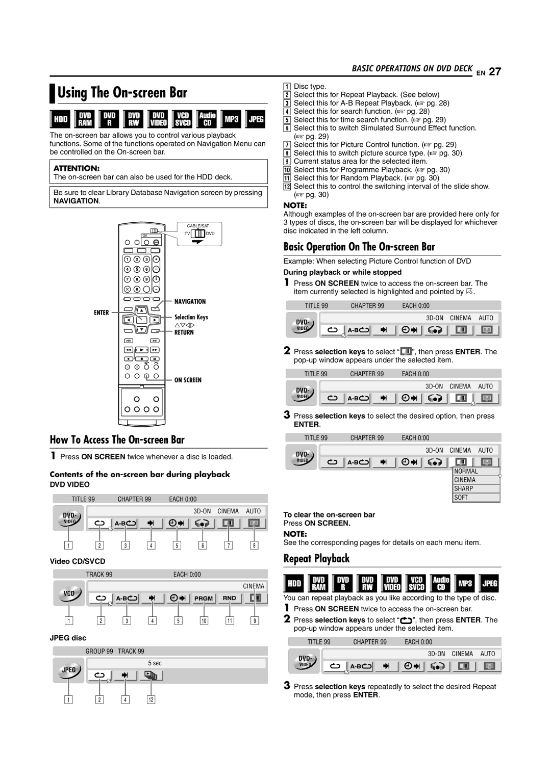 JVC LPT1100-001A manual Basic Operation On The On-screen Bar, How To Access The On-screen Bar, Repeat Playback, Navigation 