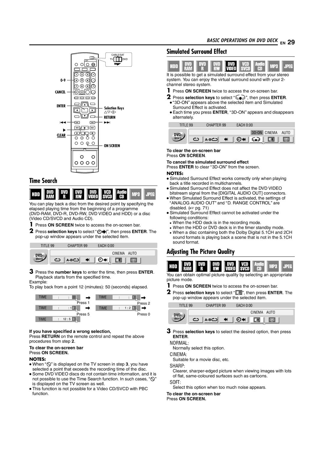 JVC LPT1100-001A manual Time Search, Simulated Surround Effect, Adjusting The Picture Quality 