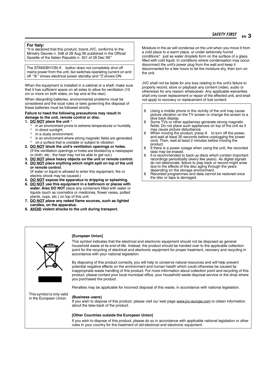 JVC LPT1100-001A manual For Italy, Moisture Condensation, Disclaimer of Liability 