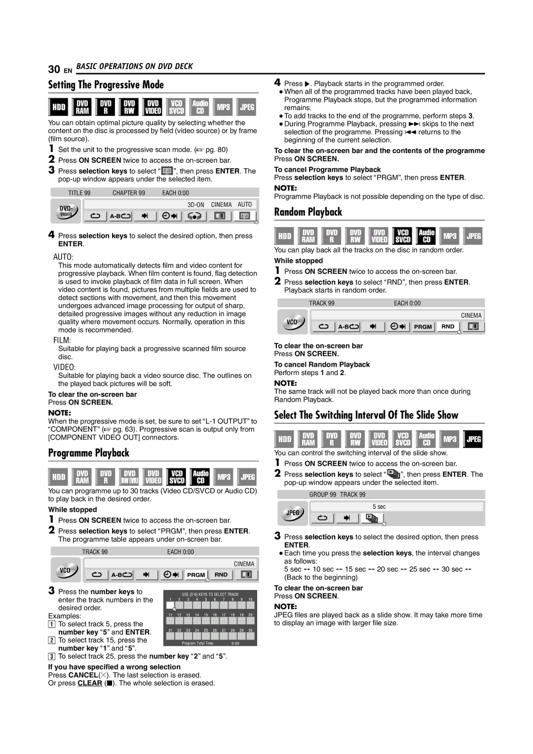 JVC LPT1100-001A manual Setting The Progressive Mode, Random Playback, Programme Playback 