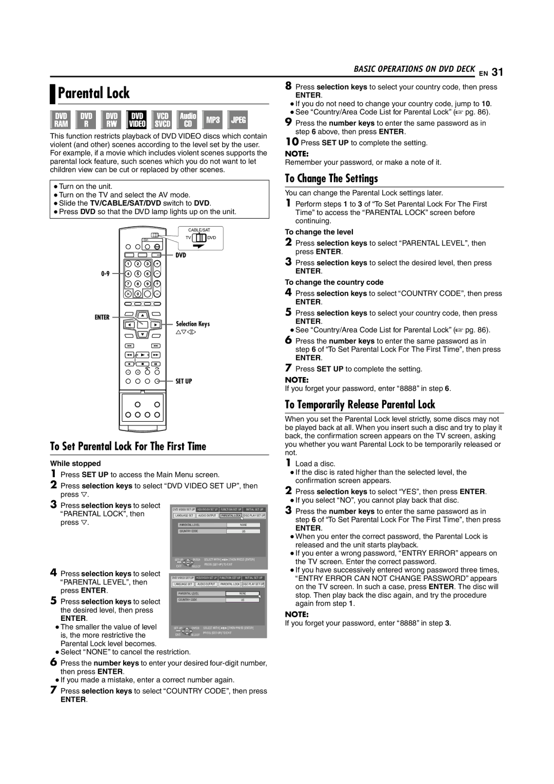 JVC LPT1100-001A To Change The Settings, To Set Parental Lock For The First Time, To Temporarily Release Parental Lock 