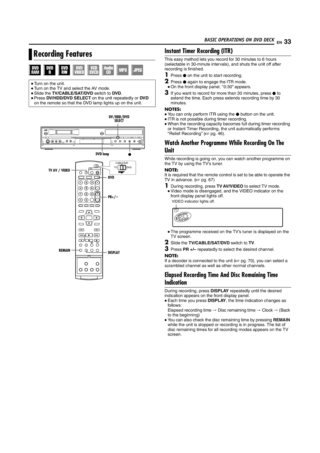 JVC LPT1100-001A Recording Features, Instant Timer Recording ITR, Watch Another Programme While Recording On The Unit 