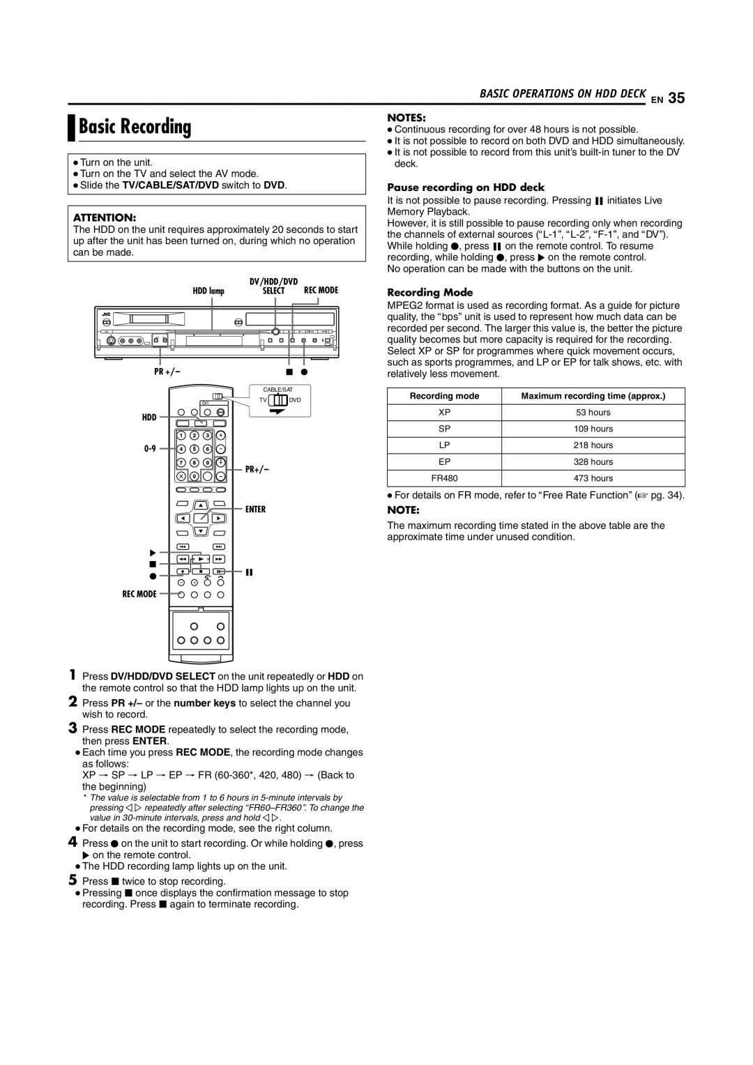 JVC LPT1100-001A manual Pause recording on HDD deck 