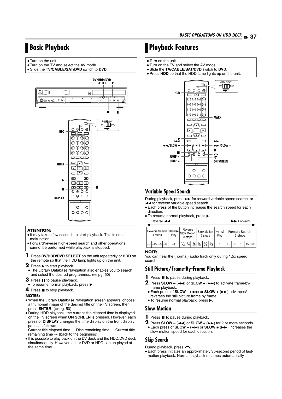 JVC LPT1100-001A manual Basic Playback Playback Features, Still Picture/Frame-By-Frame Playback, Skip Search 