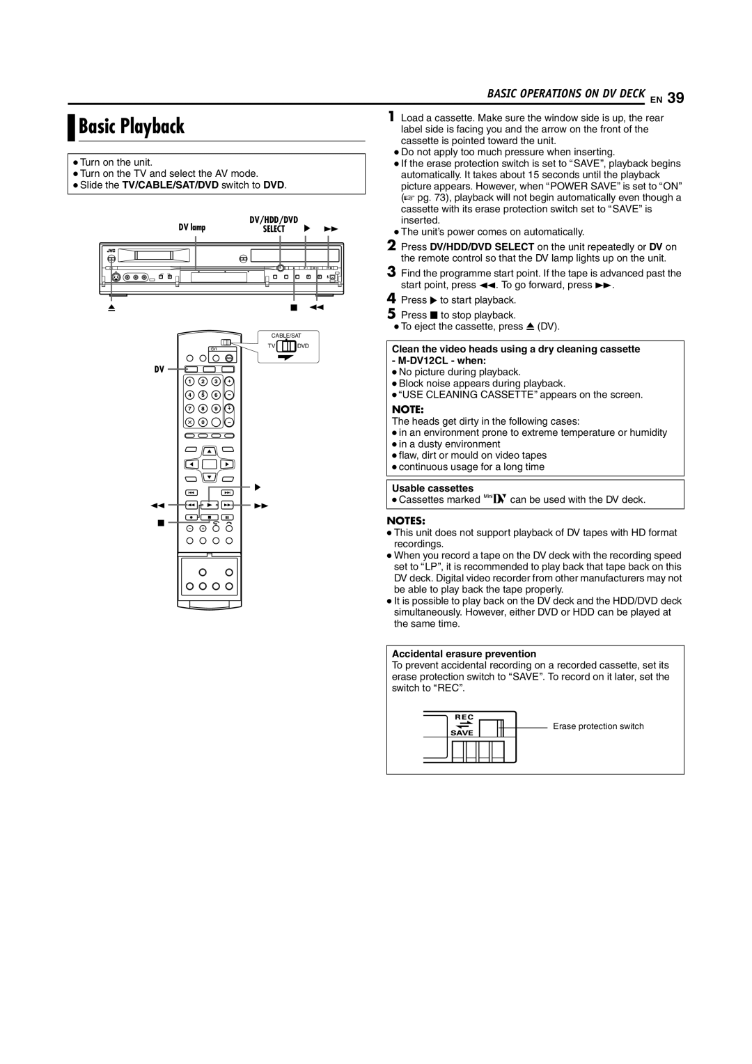 JVC LPT1100-001A manual Usable cassettes, Accidental erasure prevention 