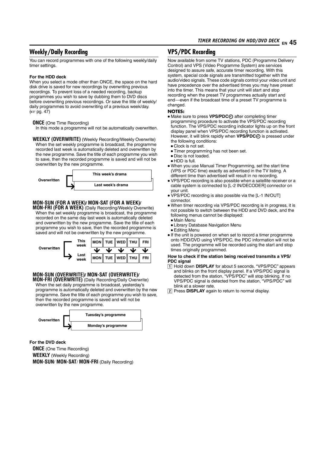 JVC LPT1100-001A manual Weekly/Daily Recording, VPS/PDC Recording, For the HDD deck, For the DVD deck 