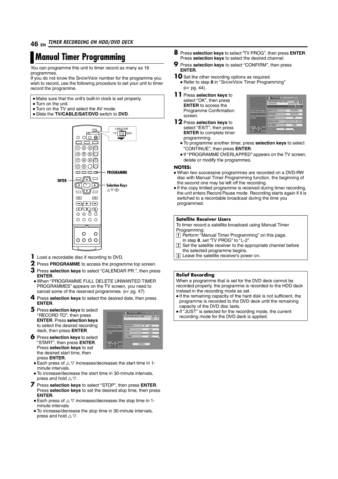 JVC LPT1100-001A manual Manual Timer Programming 