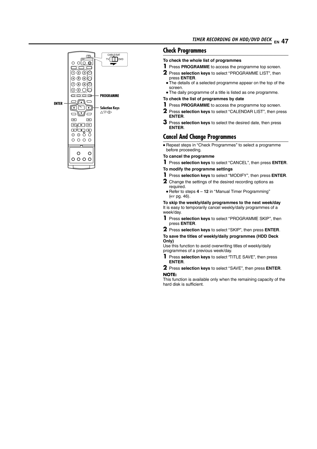 JVC LPT1100-001A manual Check Programmes, Cancel And Change Programmes 