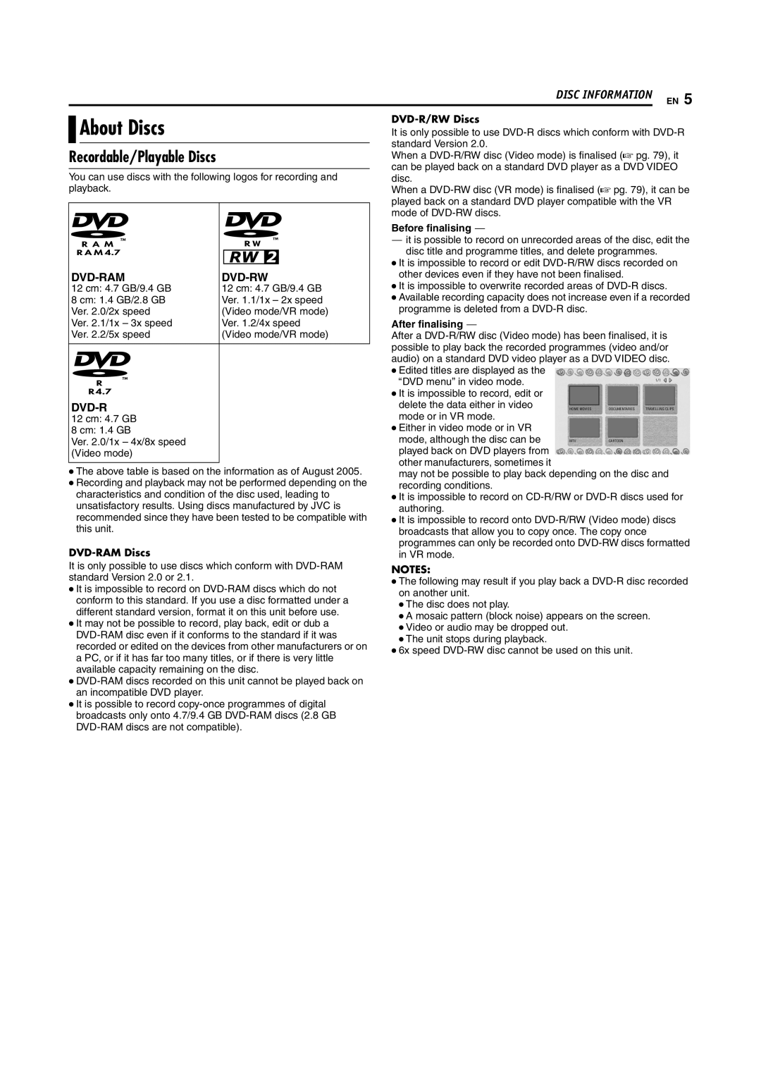 JVC LPT1100-001A manual About Discs, Recordable/Playable Discs 