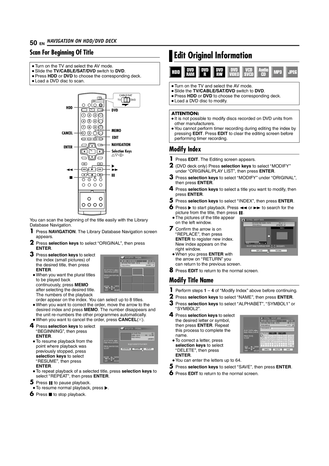 JVC LPT1100-001A manual Scan For Beginning Of Title Edit Original Information, Modify Index, Modify Title Name 