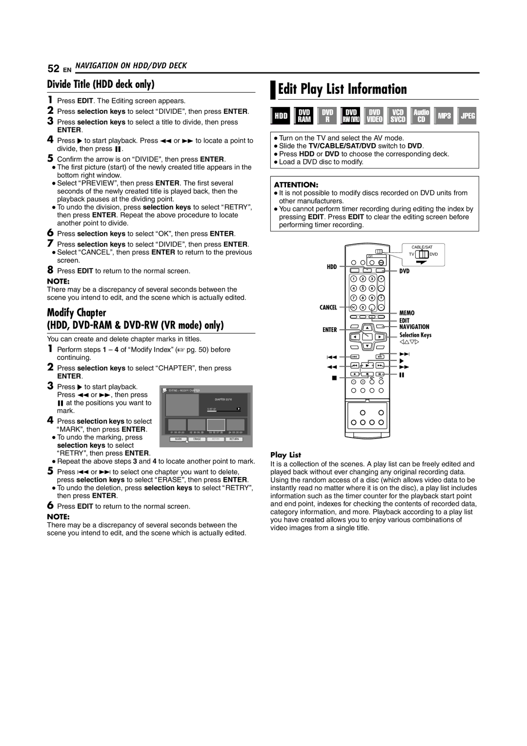 JVC LPT1100-001A Edit Play List Information, Divide Title HDD deck only, Modify Chapter HDD, DVD-RAM& DVD-RW VR mode only 