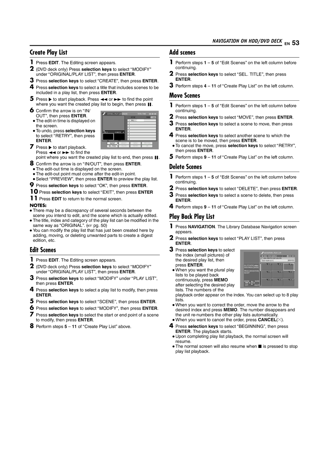 JVC LPT1100-001A manual Create Play List, Add scenes, Move Scenes, Delete Scenes, Play Back Play List, Edit Scenes 