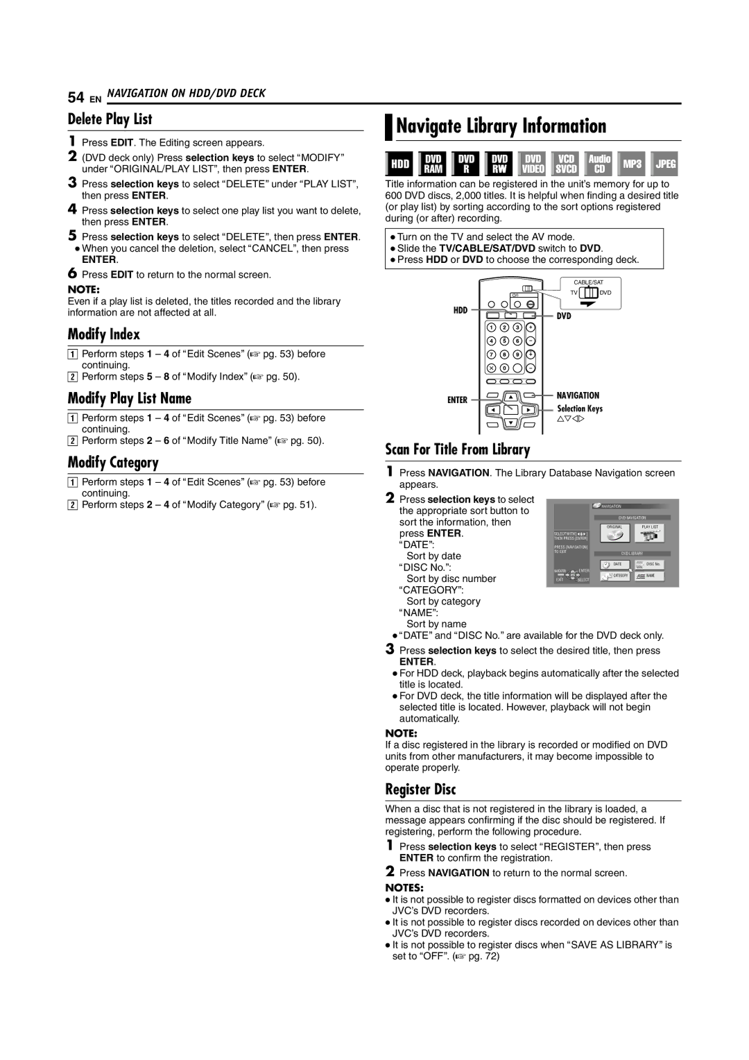 JVC LPT1100-001A manual Navigate Library Information, Delete Play List, Modify Play List Name, Scan For Title From Library 