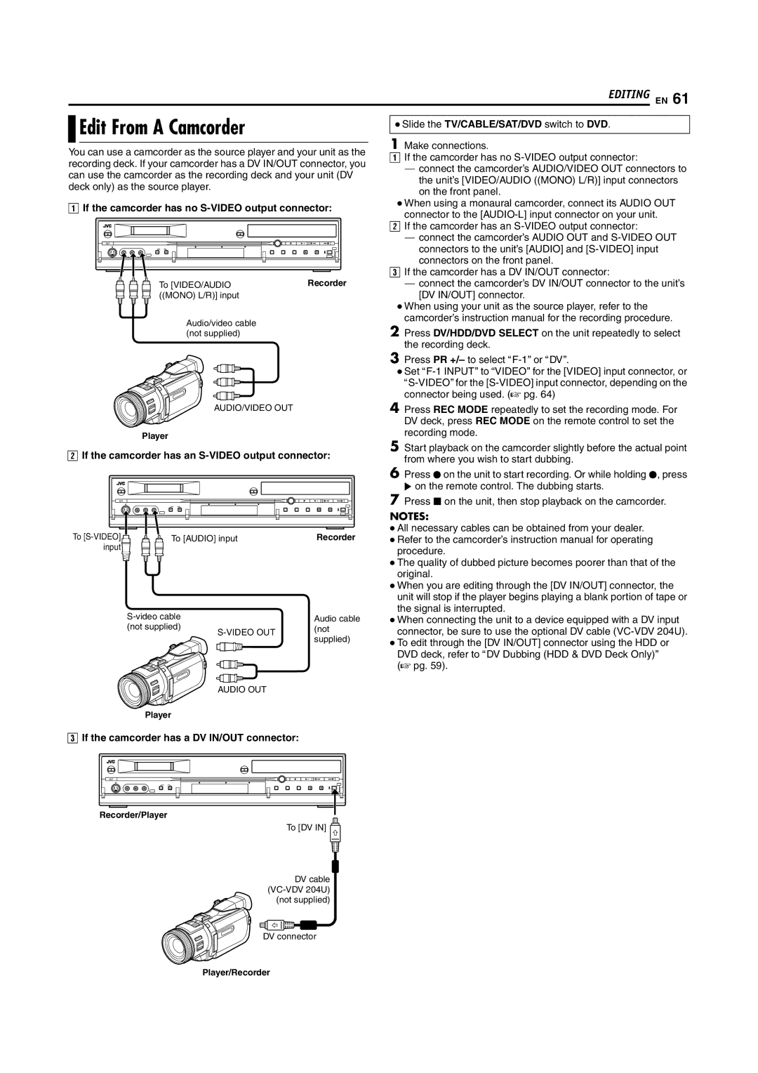 JVC LPT1100-001A manual Edit From a Camcorder, If the camcorder has no S-VIDEO output connector 