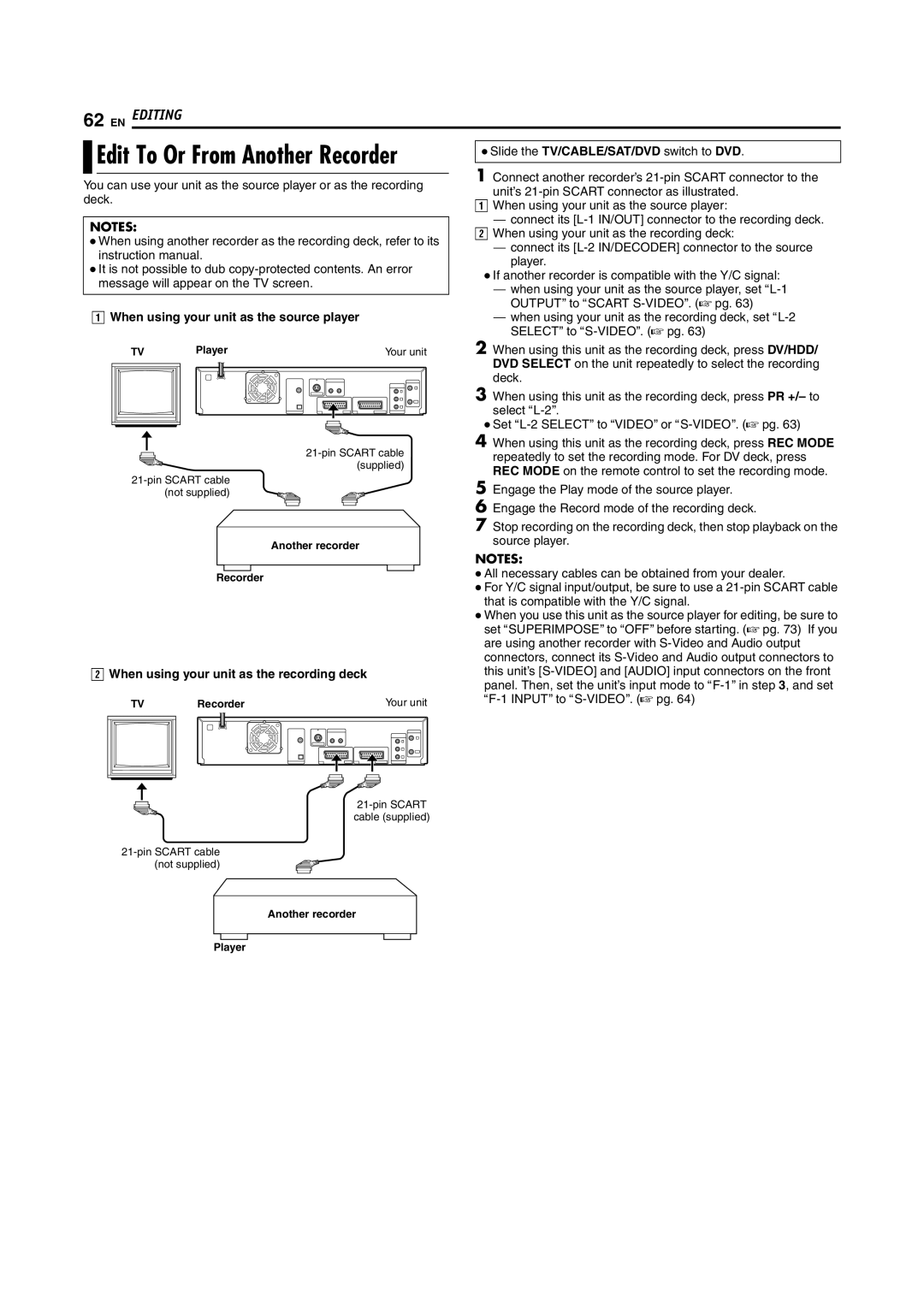 JVC LPT1100-001A manual When using your unit as the source player, When using your unit as the recording deck 