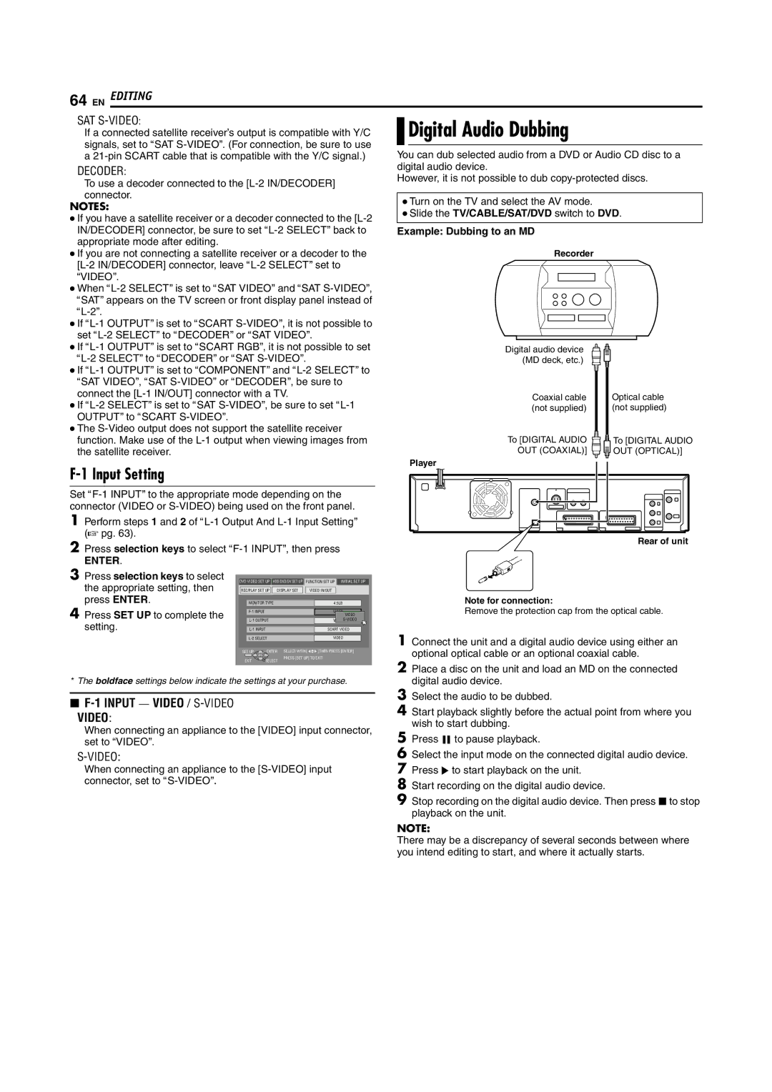 JVC LPT1100-001A manual Input Setting, Sat S-Video, Input Video / S-VIDEO Video, Example Dubbing to an MD, Avideob 