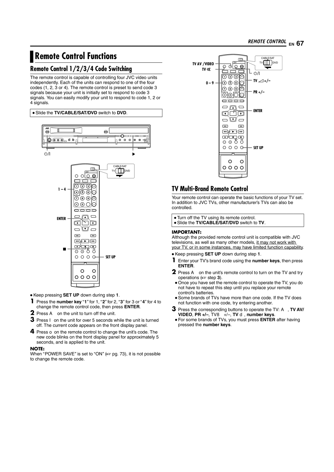 JVC LPT1100-001A manual Remote Control Functions, Remote Control 1/2/3/4 Code Switching, TV Multi-Brand Remote Control 