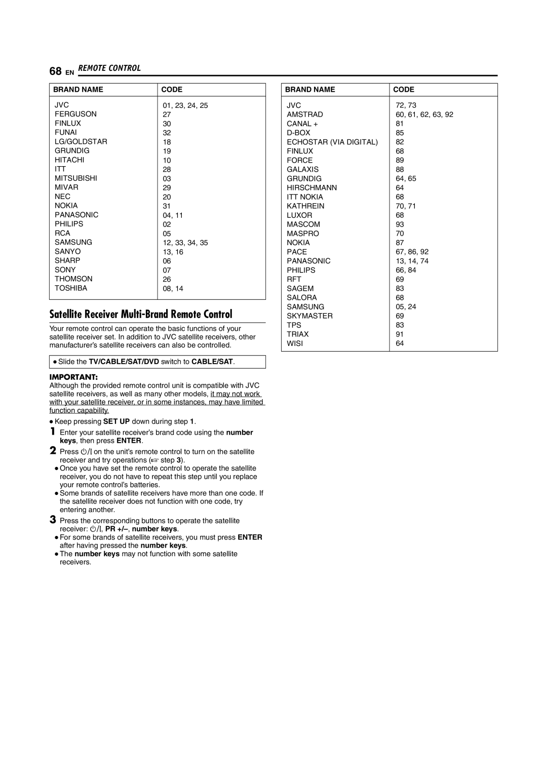 JVC LPT1100-001A manual Brand Name Code, Slide the TV/CABLE/SAT/DVD switch to CABLE/SAT 