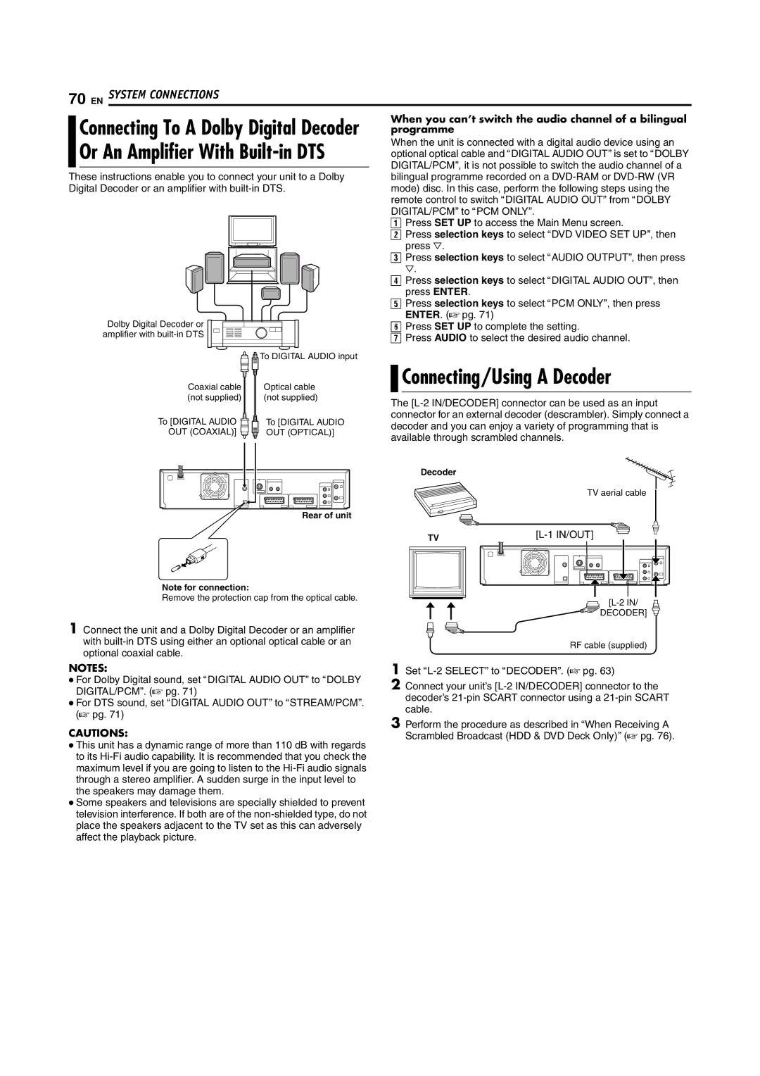 JVC LPT1100-001A manual Connecting/Using a Decoder, When you can’t switch the audio channel of a bilingual, Programme 