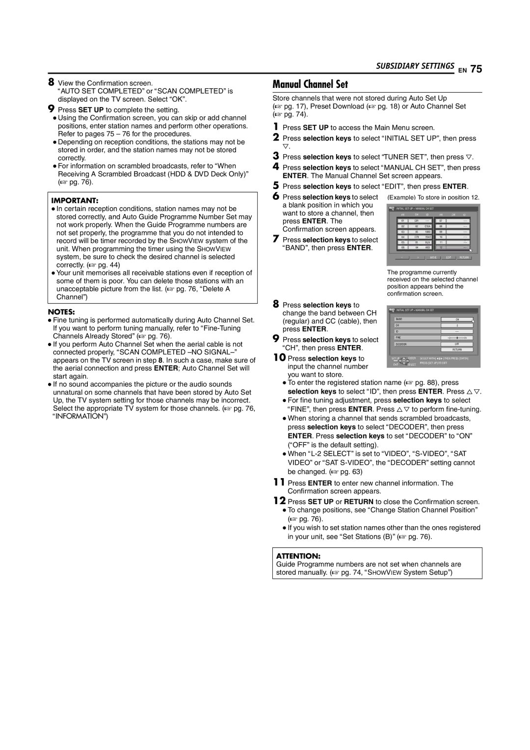 JVC LPT1100-001A manual Manual Channel Set 