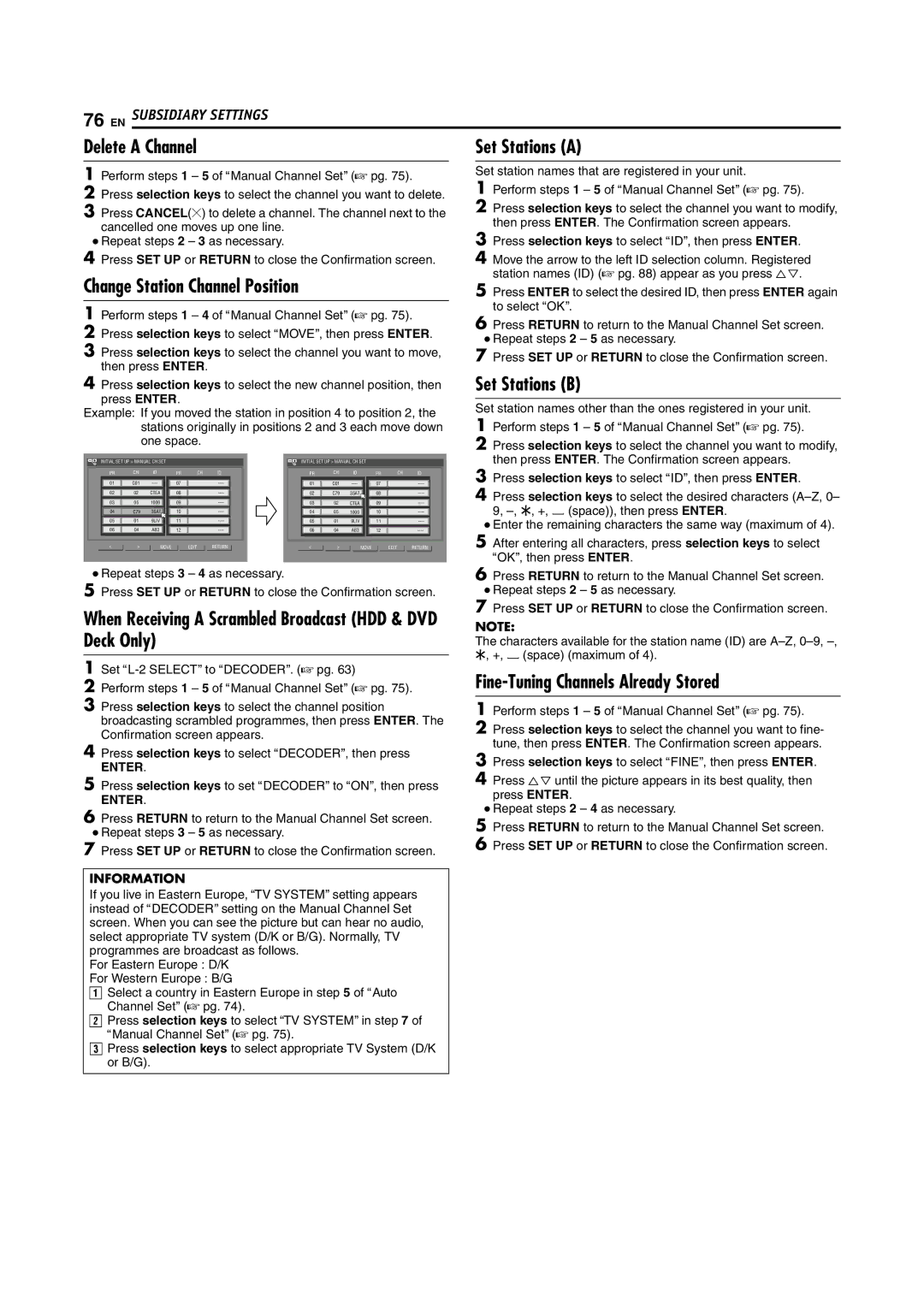 JVC LPT1100-001A Delete a Channel, Change Station Channel Position, Set Stations B, Fine-Tuning Channels Already Stored 