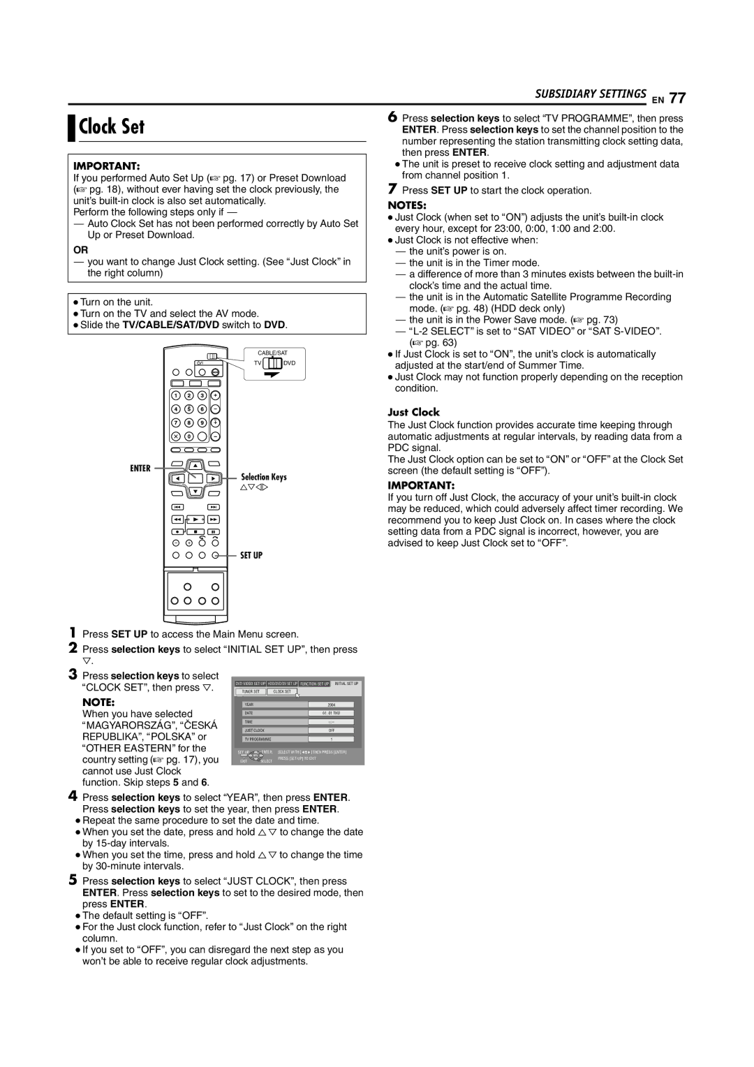 JVC LPT1100-001A manual Clock Set 