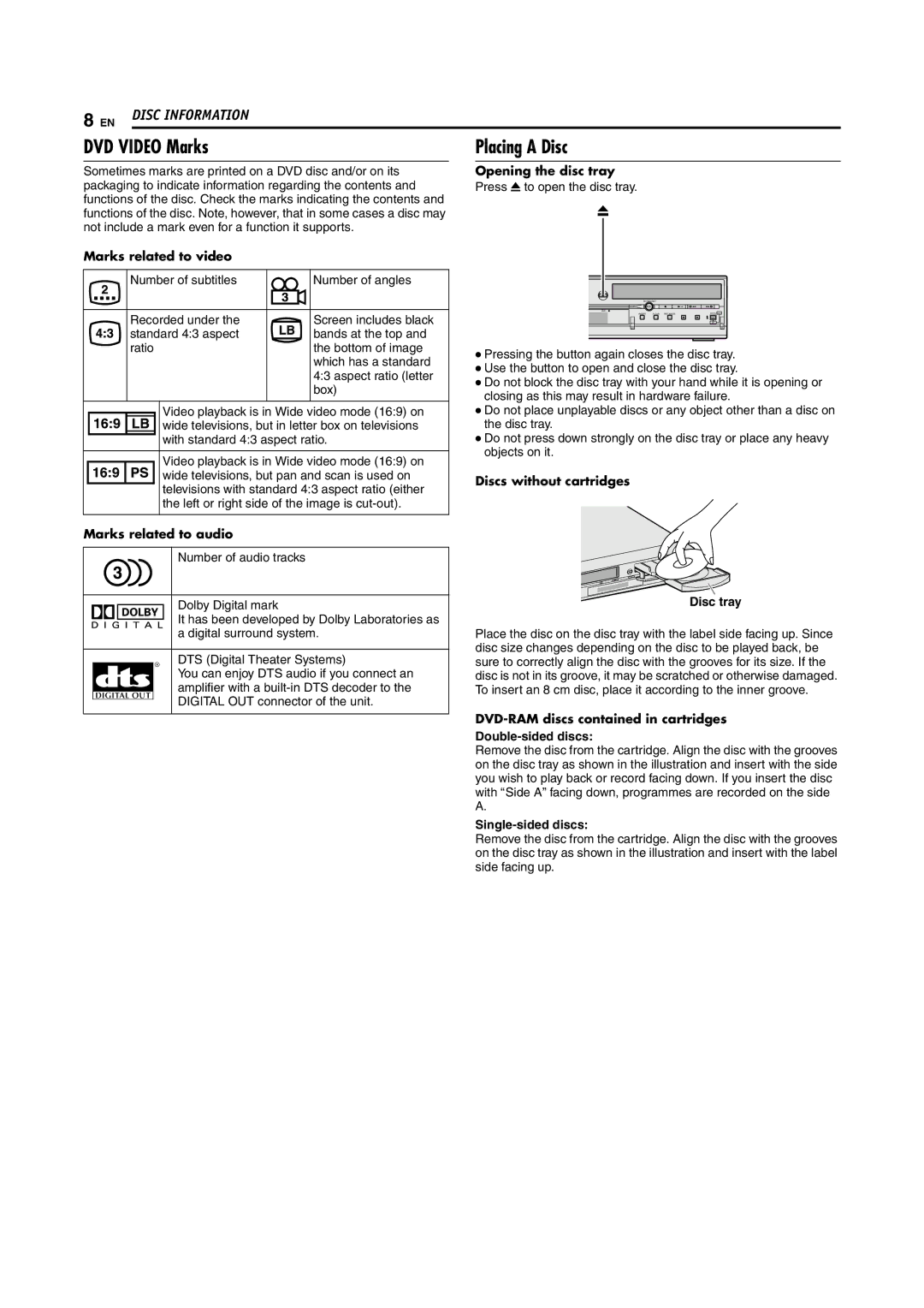 JVC LPT1100-001A manual DVD Video Marks 