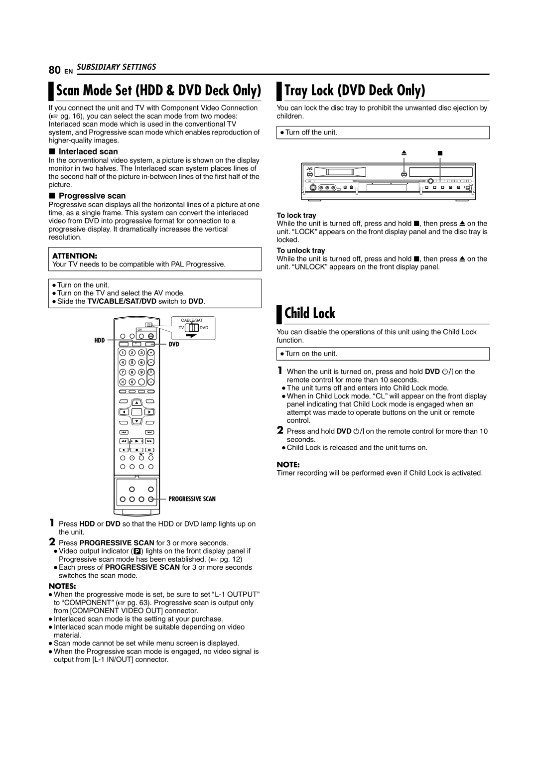 JVC LPT1100-001A manual Tray Lock DVD Deck Only, Child Lock, Interlaced scan, Progressive scan 