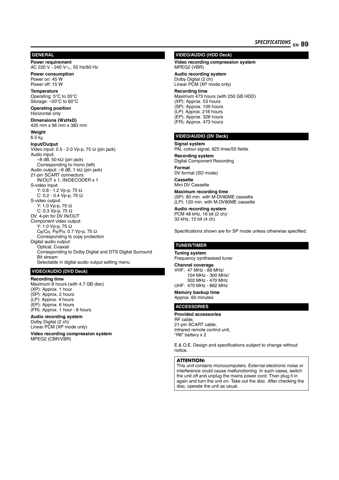 JVC LPT1100-001A Power requirement, Power consumption, Temperature, Operating position, Dimensions WxHxD, Recording time 