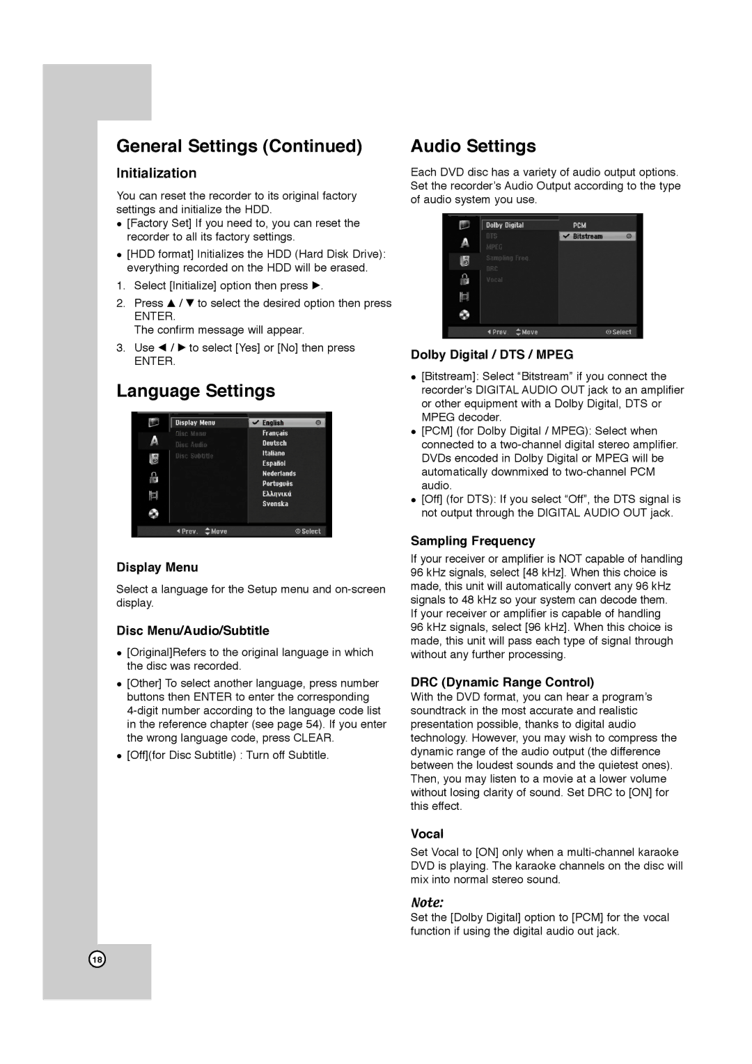 JVC LPT1132-001A manual Language Settings, Audio Settings, Initialization 