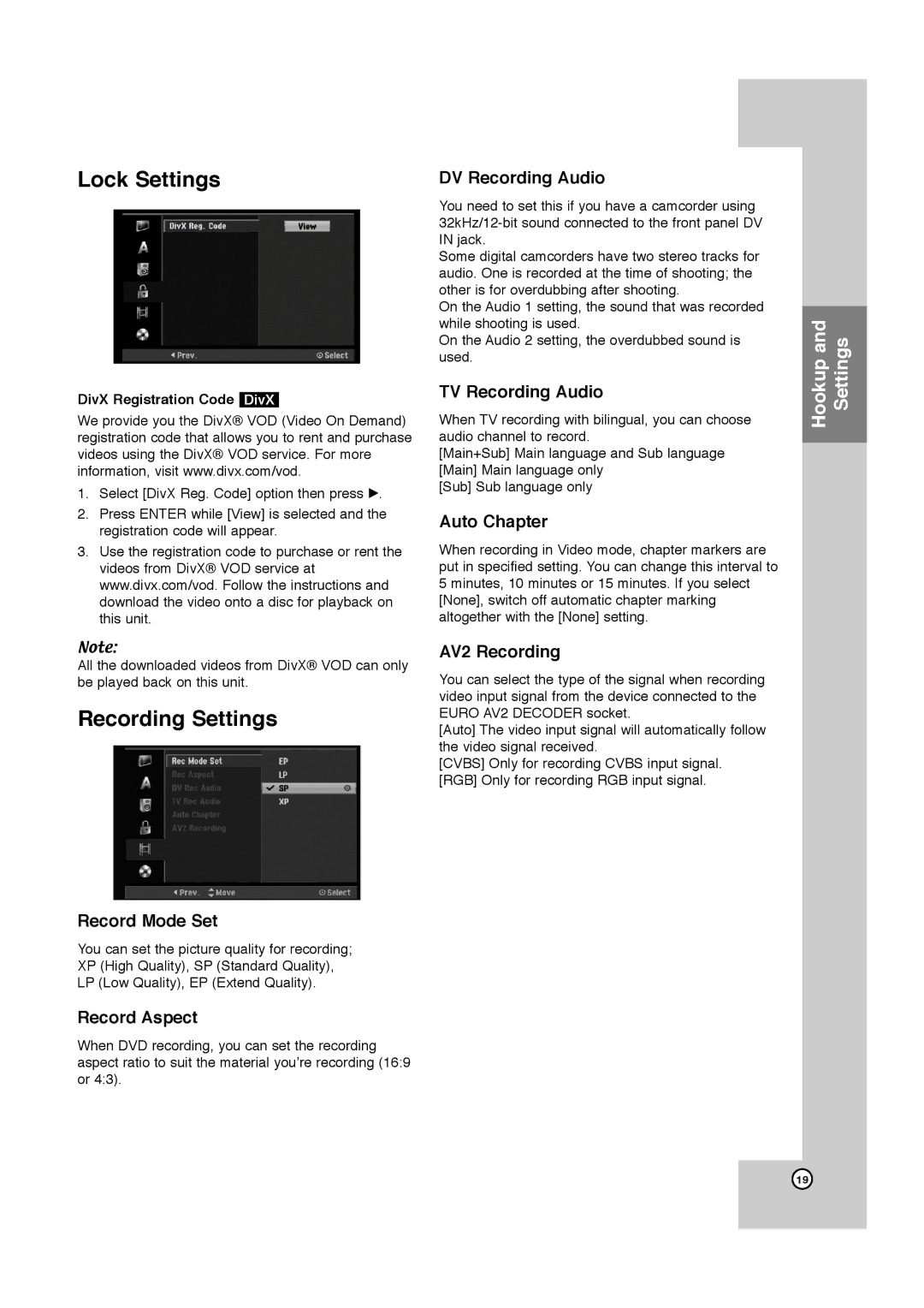 JVC LPT1132-001A manual Lock Settings, Recording Settings 