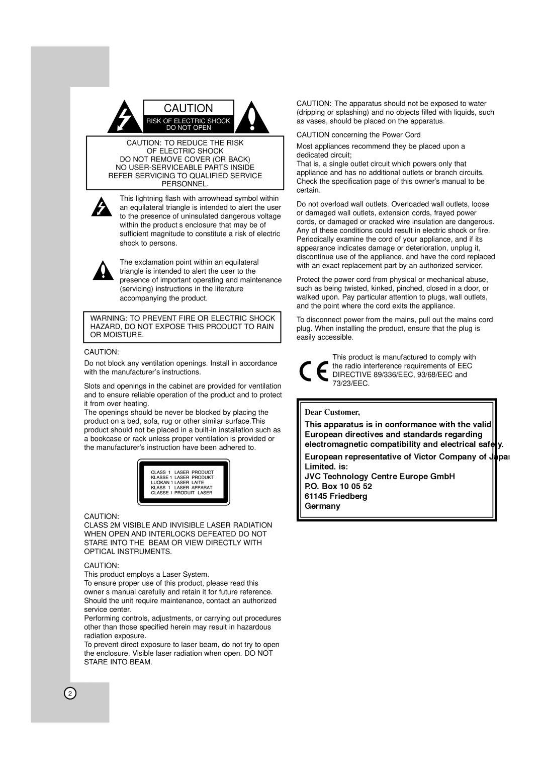 JVC LPT1132-001A manual Dear Customer 